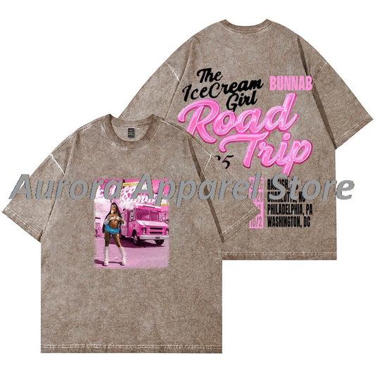 BunnaB The Ice Cream Girl Road Trip Vintage Wash T-Shirts Cosplay Women Men Cotton Short Sleeve Tee