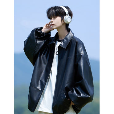 Trend Men's Faux Leather Jacket Autumn Winter Fashionable Solid Color Standing collar PU Leather Biker Jacket Handsome Men Coat