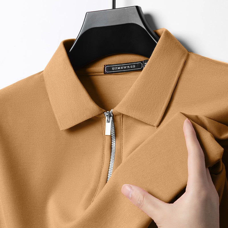 Summer New Men's Casual Slim Fit Polo Shirt Flip Collar Breathable Half Zipper Short Sleeve Top Solid Color Comfortable T-shirt