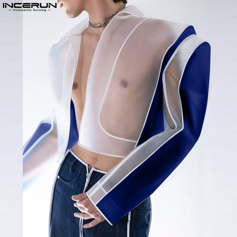 INCERUN Tops American Style Fashion Men Personality Splicing Contrast Color Suit Coat Casual Streetwear Male Long Sleeved Blazer