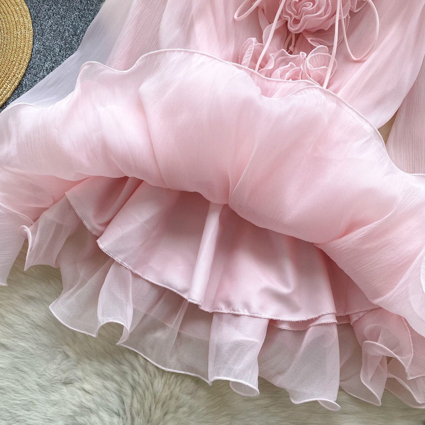 SINGREINY 3D Floral Beach Short Dress Female Long Sleeves Lace Up Ruffle Chiffon