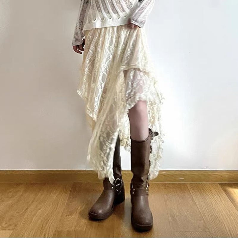 Lace Asymmetrical Skirt Women Vintage Y2K Boho Aesthetic Fashion High Waist Mid Skirts Summer Ladies Holiday Outfits