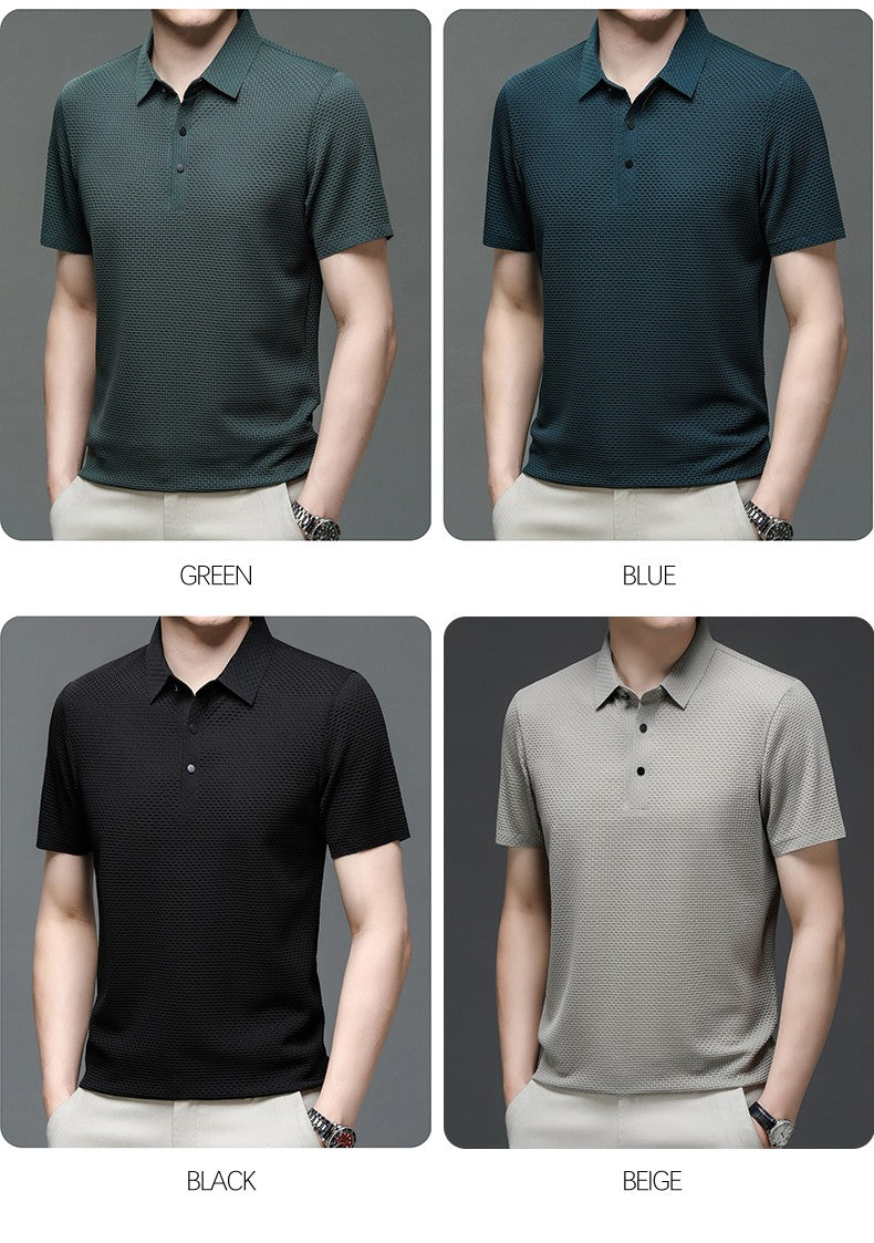 ?High-quality?Asian Sizes Summer New Men's Lop-up Hollow Short-sleeved Polo Shirt Ice Silk Business Casual Sweat-absorbing Top