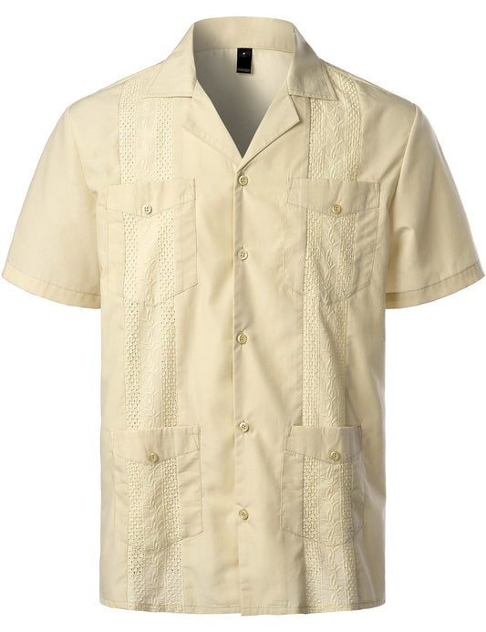 Men's Traditional Cuban Camp Collar Guayabera Shirts Short Sleeve Embroidered Mexican Caribbean Style Beach Shirts with 4 Pocket