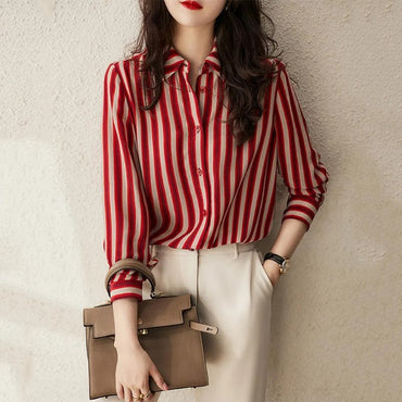 French Style Fashion Spring Shirts New Women's Polo-Neck Striped Single Breasted Simplicity Versatile Loose Long Sleeve Tops