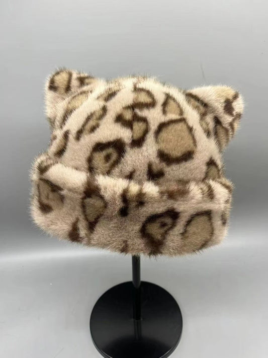 Chapéu Bucket De Pelo Sintético Imitação Inverno Coreano Para Mulheres Estampa De Leopardo Boné De Pescador Grosso Quente Pelúcia Exterior Fofo Bacia