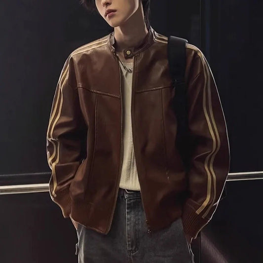 Loose Fit Men's Biker Leather Jacket Stripe Patchwork Stand Collar Casual Outerwear Façade Mixed Material Chinese Production