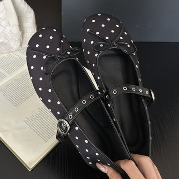 Designer Polka Dot Ballet Flats for Women Sweet Bow Decoration Elegant Mary Jane Shoes Fashion Buckle Shallow Comfort Dress Shoe