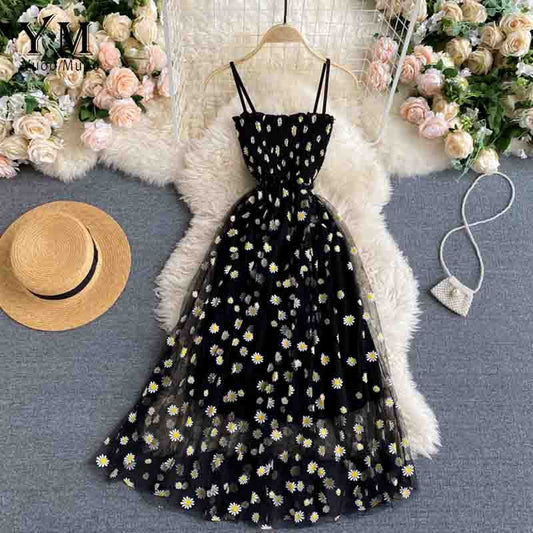 YuooMuoo Korean Fashion Daisy Flower Print Mesh Party Dress Summer Two Layers Sp