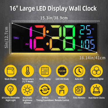 16" Large Digital Wall Clock, Big LED Display with Remote, 8 RGB Color, Alarm, DST, Temperature for Living Room, Kitchen