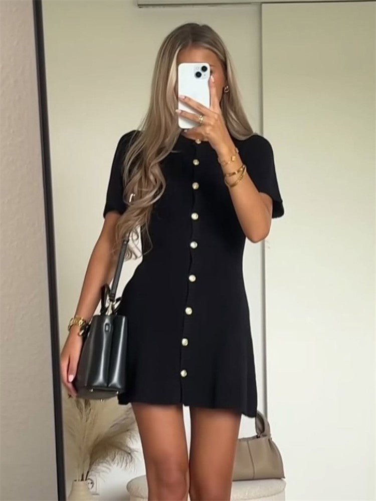 Trendix Elegant Knit Mini Dress Women Street Slim High Waist Short Sleeve Rib Sw