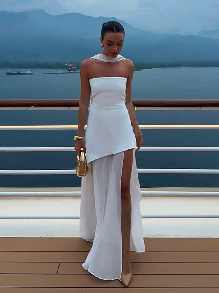 Fashion Strapless Ribbon Mesh Patchwork Maxi Dress Elegant Sleeveless Backless V