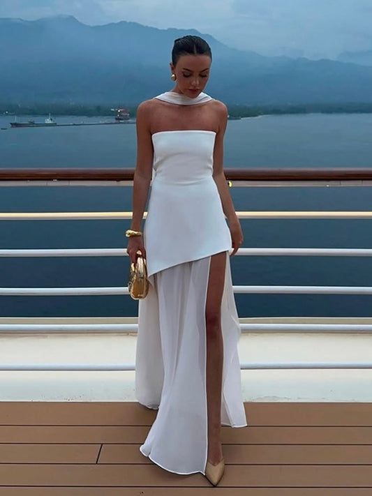 Fashion Strapless Ribbon Mesh Patchwork Maxi Dress Elegant Sleeveless Backless V