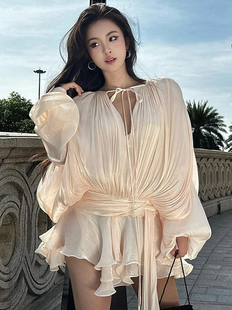 TWOTWINSTYLE Elegant Ruched Mini Dress For Women Round Neck Lantern Long Sleeve