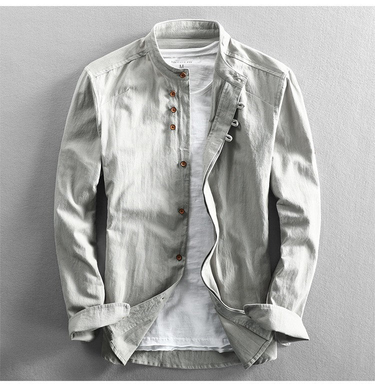 Japan Style Mens Linen Cotton Shirt Harajuku Stand Collar Long Sleeve Slim Fit Solid Color Male Casual Breathable Classical Tops