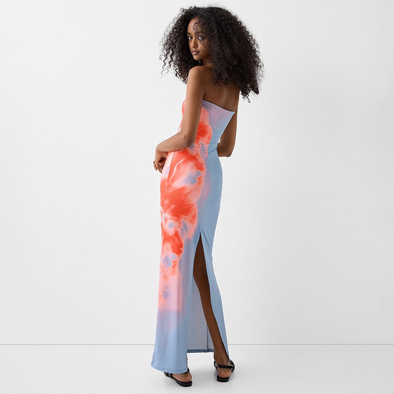 Sexy Strapless Print Tube Maxi Dress Women Off Shoulder Backless Stretch Long Su