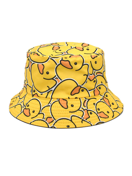 Fashionable Full-Print Duck Casual Bucket Hat, Cartoon Print Pattern Hat, Reversible Foldable Lightweight Design Flat-Top Hat, Unisex Casual Sun Hat, Suitable for Beach Vacations and Outdoor Leisure Activities