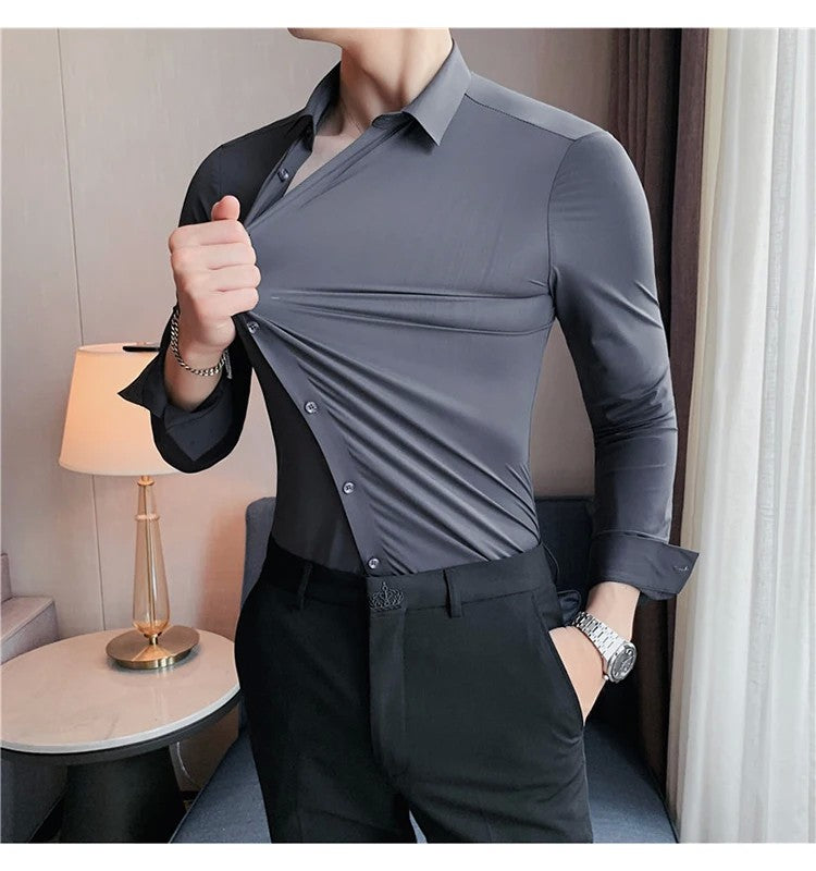 Men's Long Sleeved Elastic Shirt No Ironing Business Wear Professional Workwear Stand Up Collar Shirt Casual Solid Color Shirt
