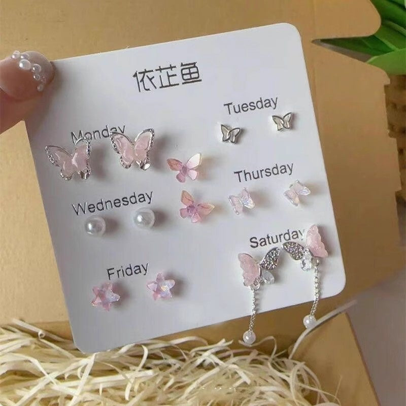 Brincos de Borboleta com Flores Coloridas, Conjunto de Sete Peças para Mulheres, Acessório Diário Personalizado, Joias de Festa, Presentes de Aniversário