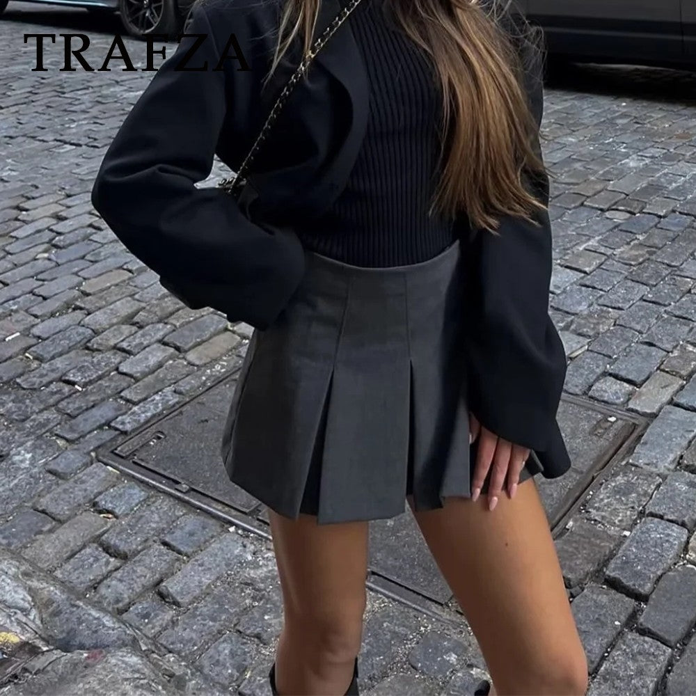 TRAFZA 2025 Spring Summer Women Casual Tierred Mini Skirts Fashion Vintage Solid