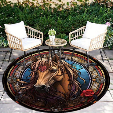 Round Crystal Velvet Rug Stained Glass Horse Art Portrait Animal Design Elegant Home Decor Living Room Floor Mat