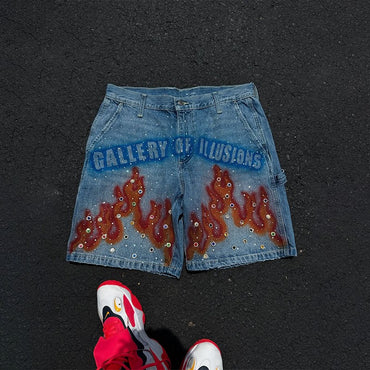 Y2K Fashion Distressed Hand Painted Vibrant Red Flame Pattern Gemstone Decoration Blue Denim Shorts Men Women Casual Streetwear