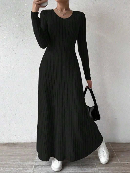 Fashionable Knitted Long Sleeve A- Line Streetwear Dress For Women Smooths And Slims Your Silhouette Solid Color Long Dress