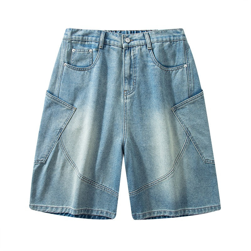 Summer New Baggy Denim Shorts Fashion Casual Straight Harajuku Jeans Male Vintage Wash Drawstring Short Pants Streetwear