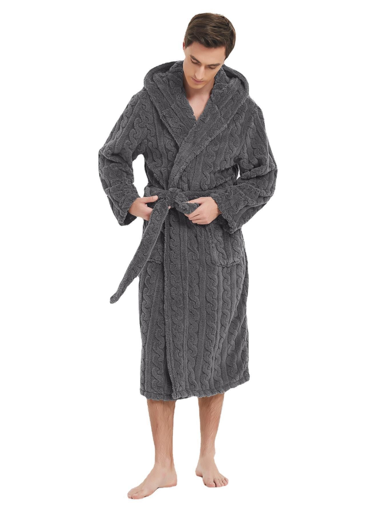 New American Cotton Velvet Jacquard Hooded Men's Dressing Gown with Fleece Thickened Autumn and Winter Couple Dressing Gown