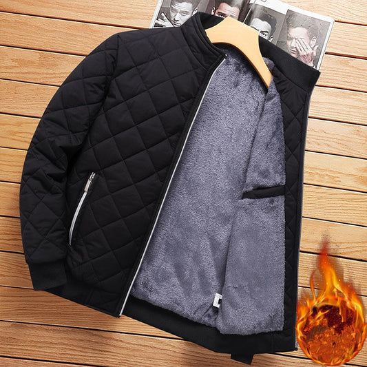 Diamond Pattern Fleece Lined Bomber Jacket Men Autumn Winter Business Jackets Men Fashion Clothing 2025 Brand Thick Slim Coat