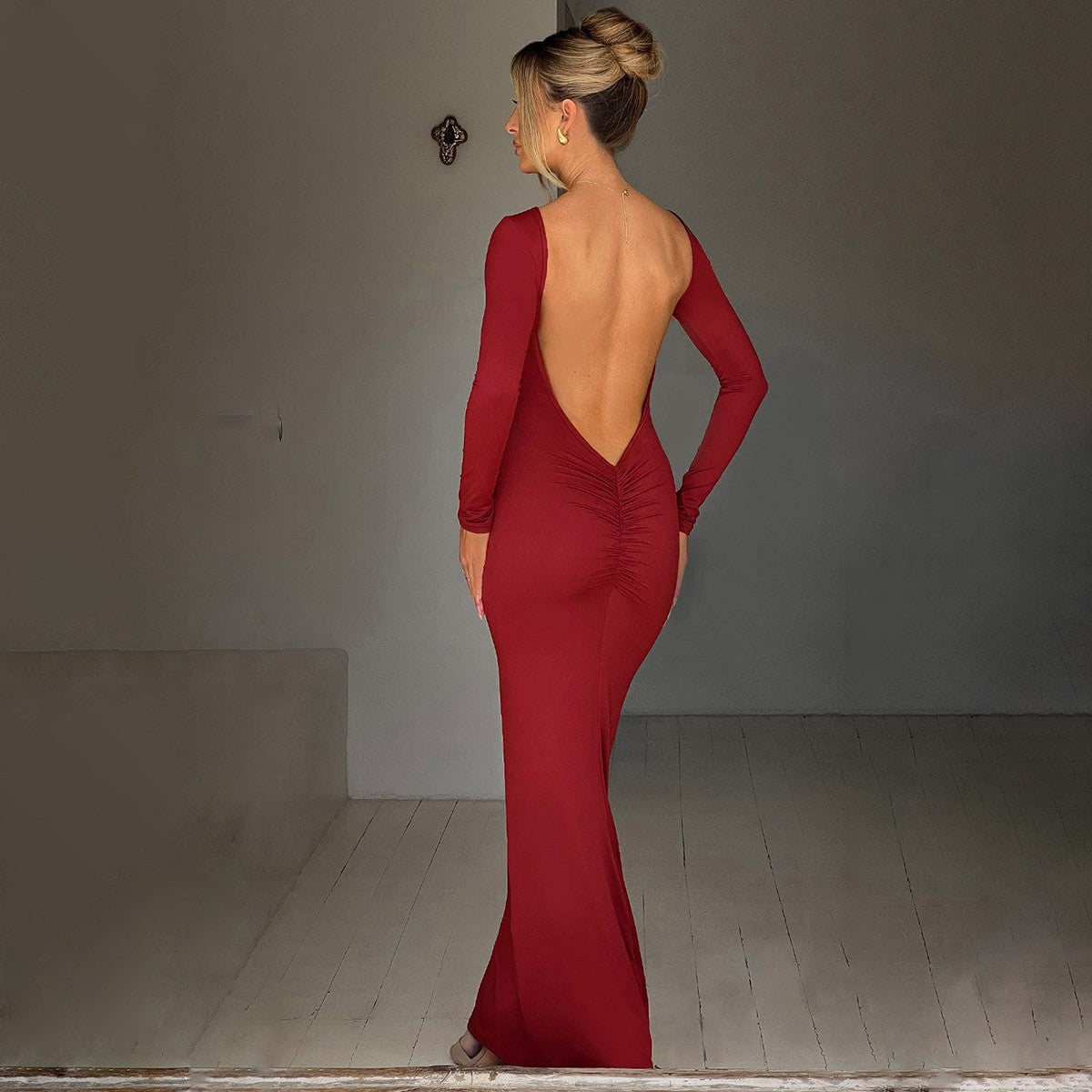 Hugcitar Spring Elegant Long Sleeve Backless Solid Cuched Sexy Bodycon Maxi Prom
