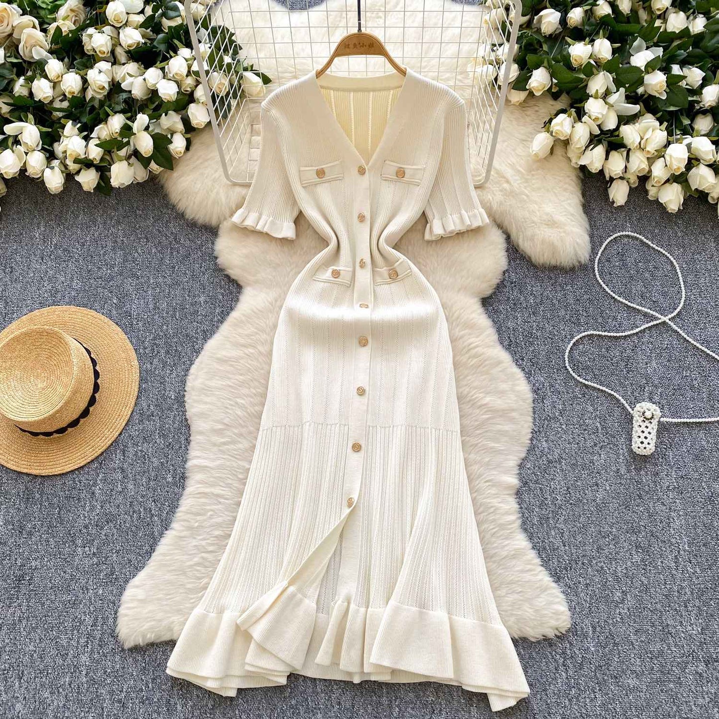 SINGREINY Summer OL Knit Dress 2025 Women V Neck Button Design Slim Mermaid Sund