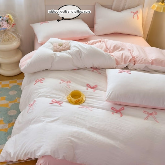 3 Piece Sheet Set pink bowknot embroidery duvet cover Set ? comfortable Bedding Set Bedspread for All Season