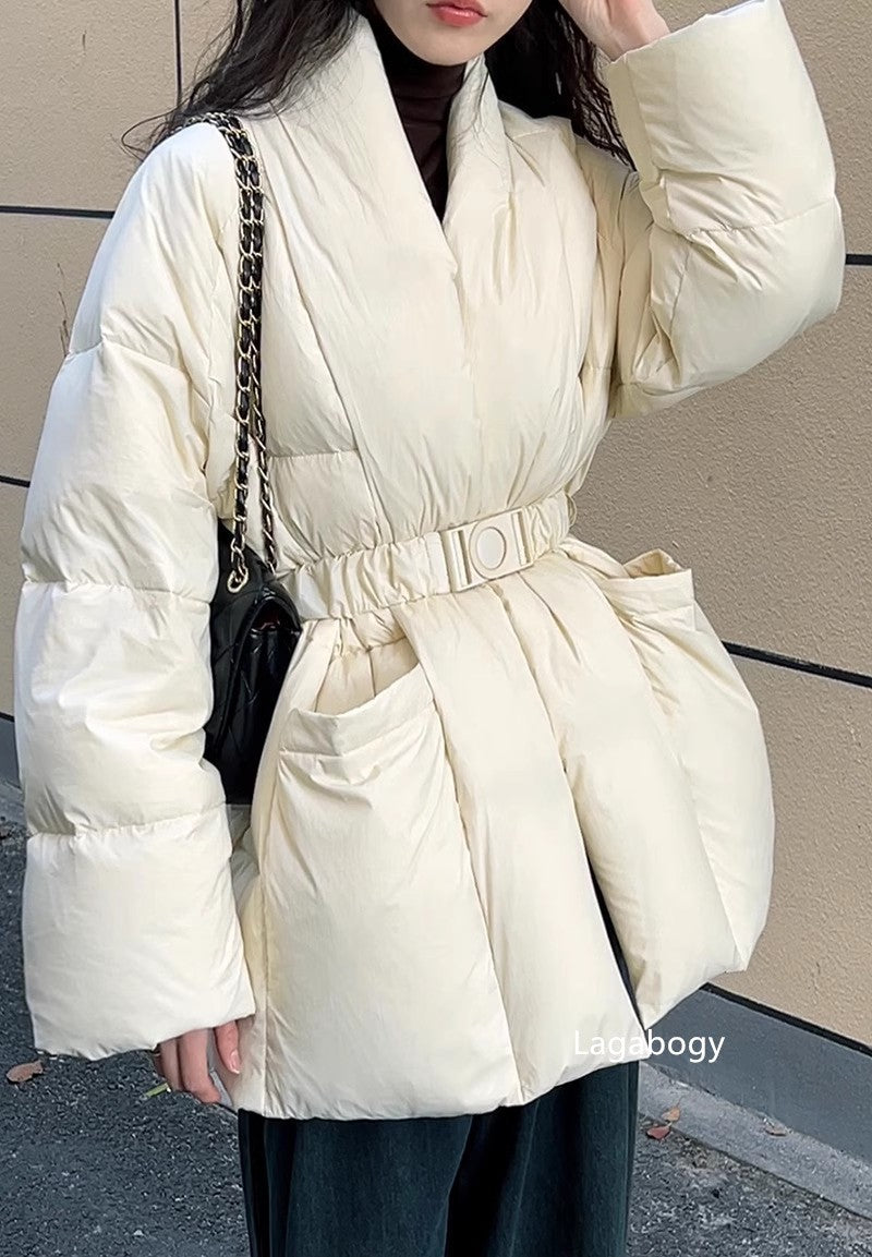 Lagabogy 2025 Winter Belt Waist-Tight Elegant Warm 90% White Duck Down Jacket Female Long Sleeve Solid Color V-neck Puffer Coat