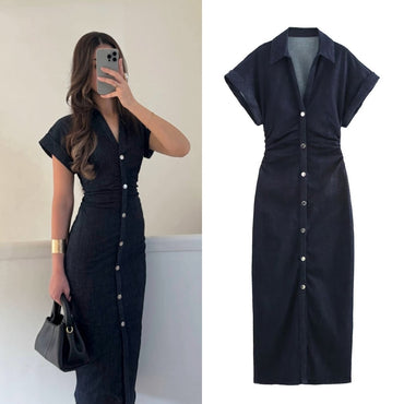 ETJ 2025 Spring New 1975 series denim MIDI dress with lapel side zipper fashion wrinkle waist slim elegant dress