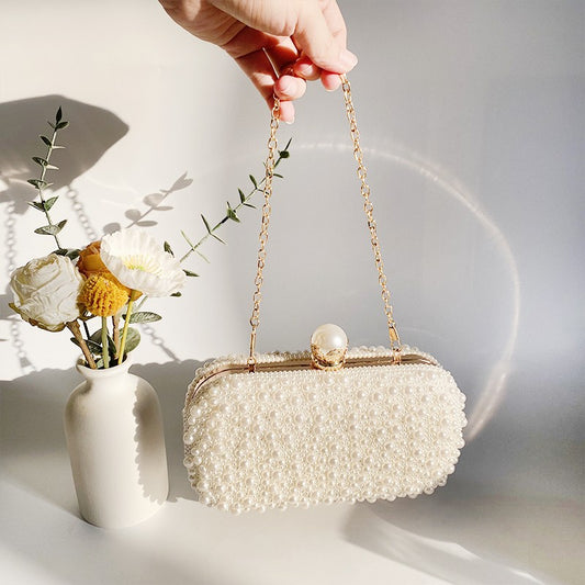 Luxury Crystal Pearl Beaded Evening Clutch Handbag Lady Elegant Wedding Purse Women Oval Shaped Crossbody Chain Bag