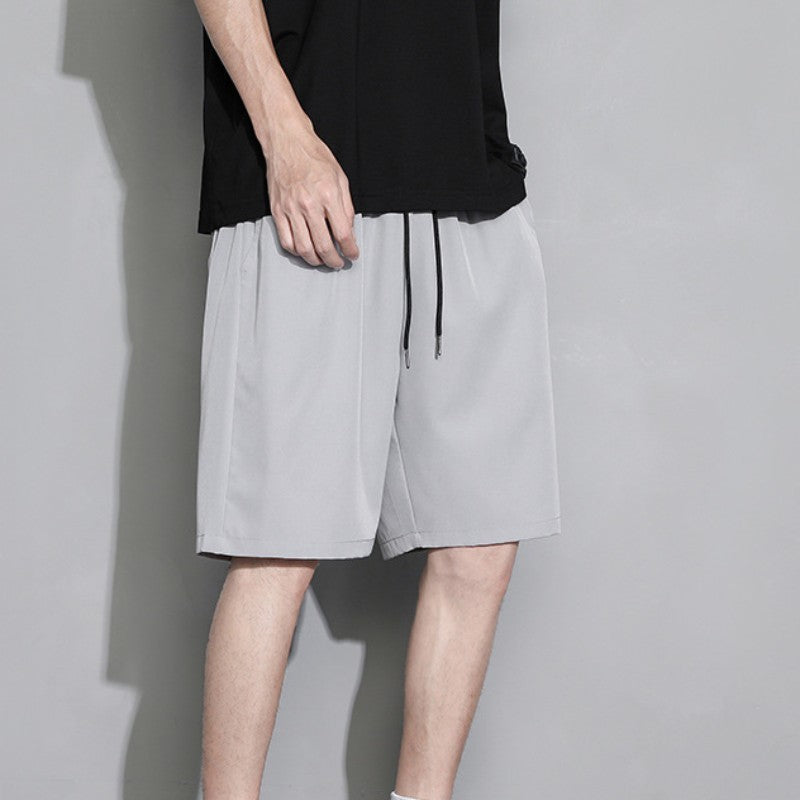 Summer Loose-fit Men's Sports Mid-waist Shorts Lightweight Black Ice Silk Five-poin