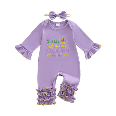 Suefunskry Baby Girl Mardi Gras Themed Romper Letter Crown Embroidery Long Sleeve Round Neck Jumpsuit with Bow Headband
