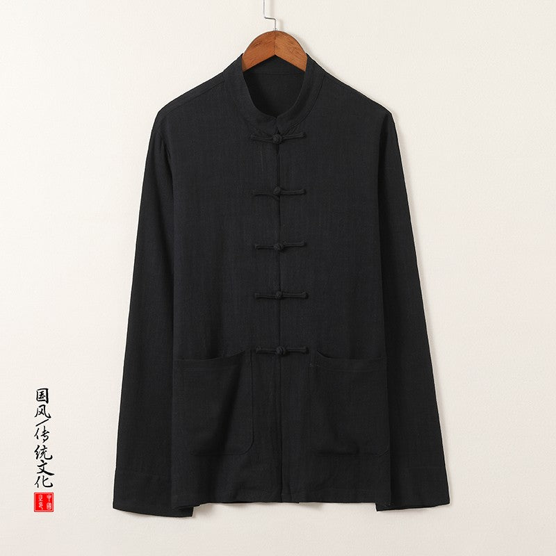 Chinese-style Men's Black Long-sleeve Shirt, Cotton-linen Blend Stand-up Collar Shirts, Available in Burgundy, Beige, and Gray.