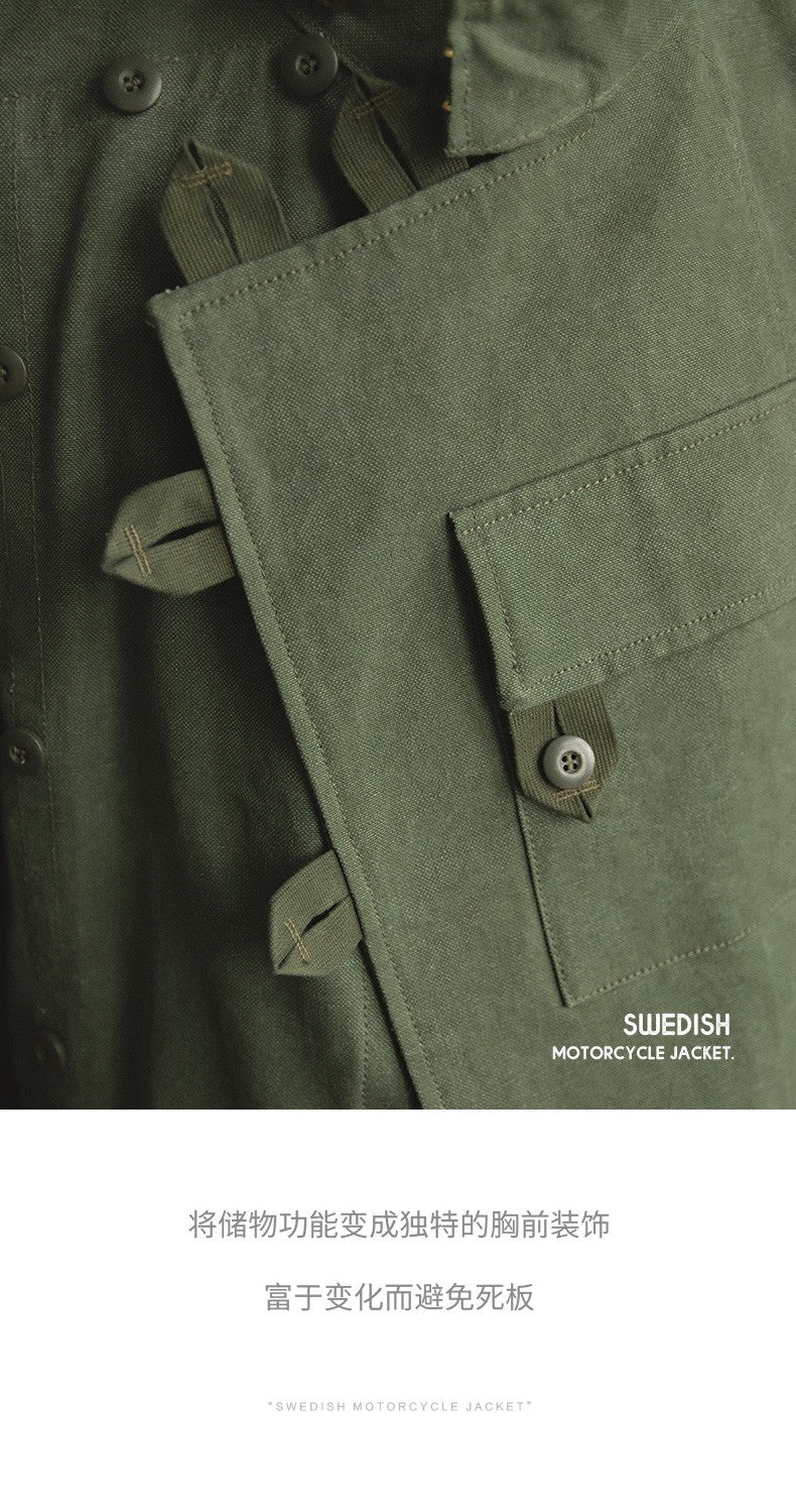 Maden Retro 16oz Canvas Swedish Motorcycle Green Jacket Pocket Bomber Jacket Casual Hunting Work Outwear for Men Spring and Fall