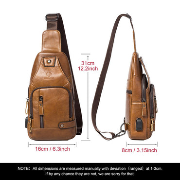 HUMERPAUL Men's Usb Chest Bag 100% Genuine Leather Crossbody Shoulder Bags Multifunction Travel Outdoor Messenger Pack Fashion