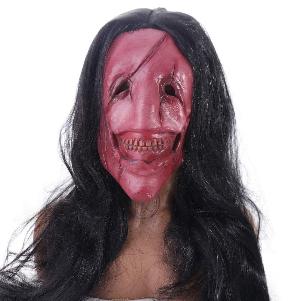 Scary Long Hair Red Face Devil Mask Exposed Teeth Latex Headgear Wig Horror Face Masks Creativity Spooky Scary Demon Mask