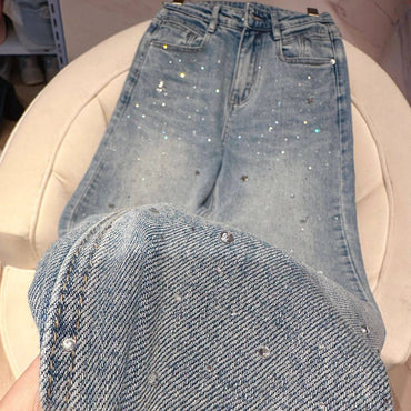 2024 Spring New Narrow Straight Jeans Women's Slimming Fashionable All-Match Rhinestone women jeans pants