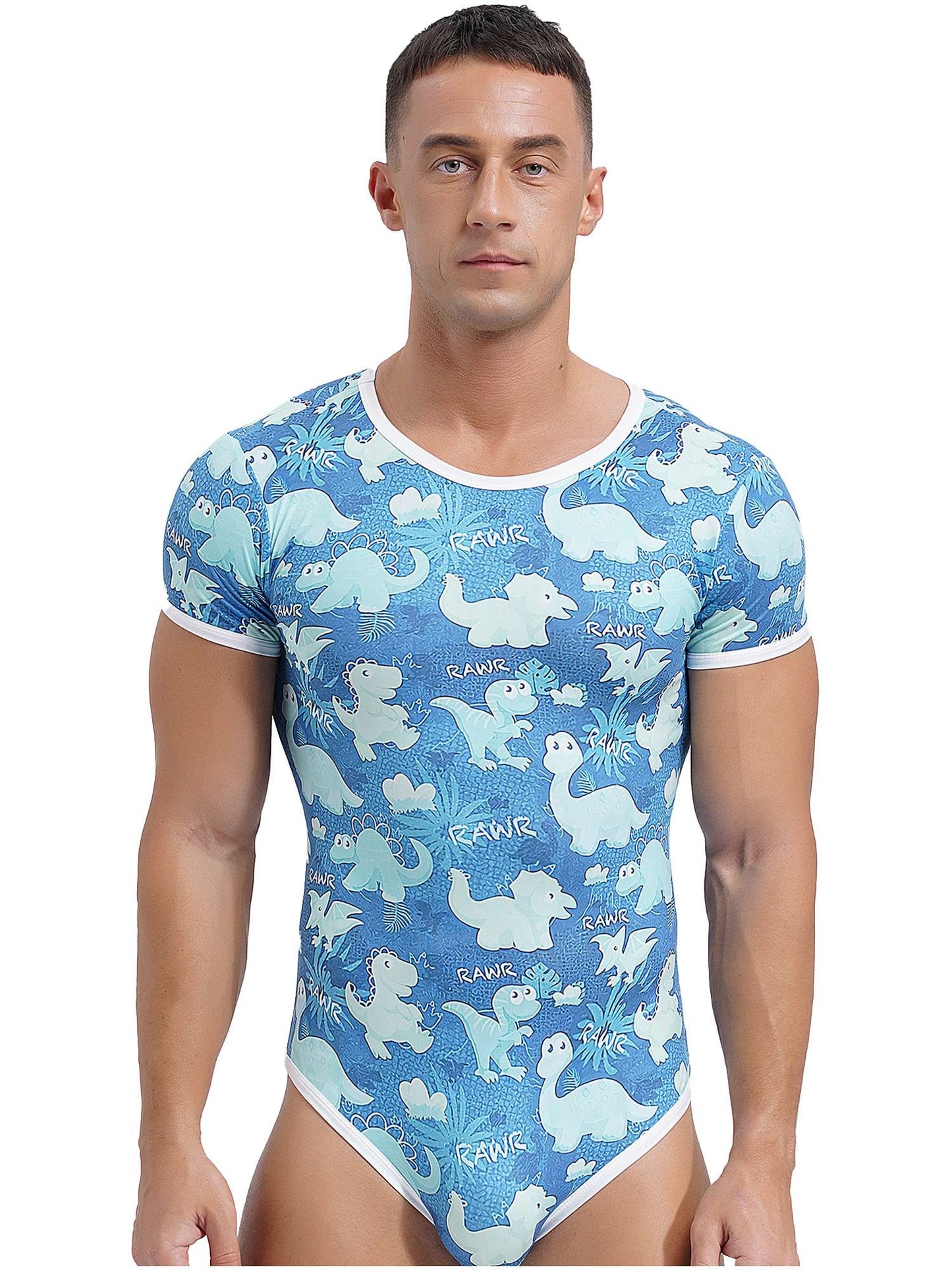 Mens Cute Cartoon Print Bodysuit Sissy Pajamas Short Sleeve Buttoned Crotch Diaper Rompers Gay Male Onesies Sleepwear Loungewear