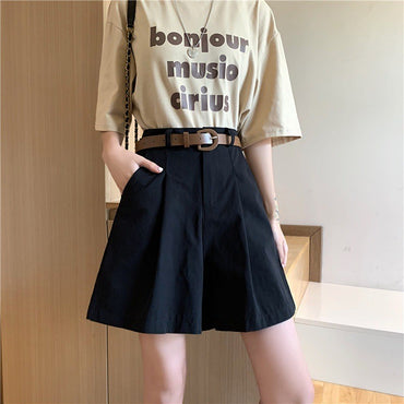 Workwear Shorts for Women High Waist Summer Wide-leg Shorts Belt Khaki Casual Cotton Korean Fashion Solid Pocket Womens Shorts
