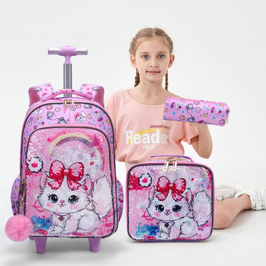 3PCS Set Rolling Backpack For Girls, Cute Cartoon Cat Sequin Design Wheeled Bags With Lunch Box And Pen Bag-Pink Red