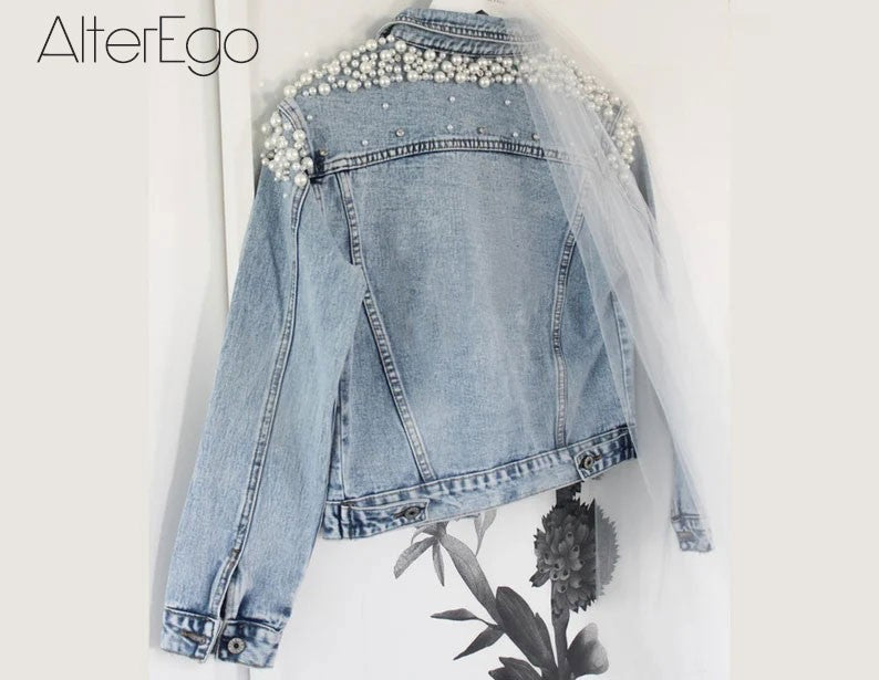 Luxury Jean Jackets Bride Pearl Denim Coat Bridal Pearls Coats Future Denim Outerwear Wedding Women's Clothing 2023 Solid Jacket