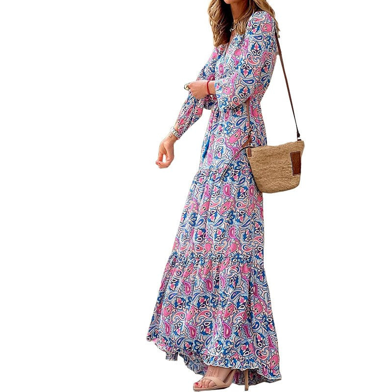 Women's Autumn New Fashionable Printed Sexy V-neck Long Sleeve High Waist Elasti