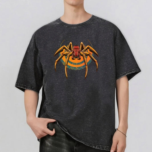 Spider Pattern Rint Men's Summer Retro Style Washed Water T-Shirt Casual Short Sleeved Basic Men's Top 230G