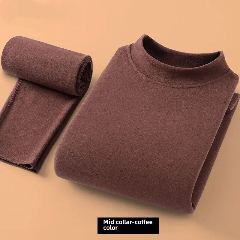 Winter Top and Pants Set Home Wear Warmth Solid Casual Men's Deerskin Thermal Suit High Collar Underwear Heat Velvet Tshirt Set